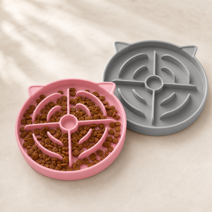 Pace & Purr slow feeder duo in blush pink and soft gray