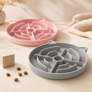 Low-profile silicone slow feeder bowls in pink and gray