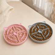 Pink and gray slow feeder duo with wet and dry cat food