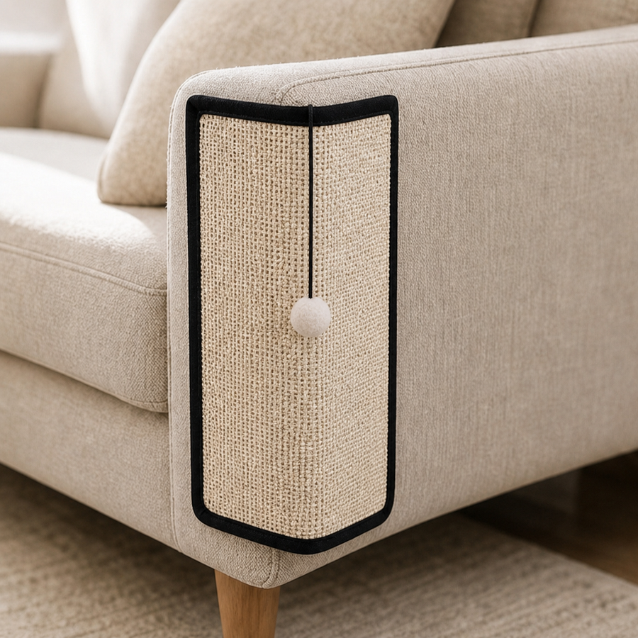 CornerClaw natural sisal scratch pad installed on a cream sofa arm with a pom-pom hanging from the top