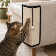 Cat using the CornerClaw sisal sofa scratch pad with a pom-pom hanging from the top