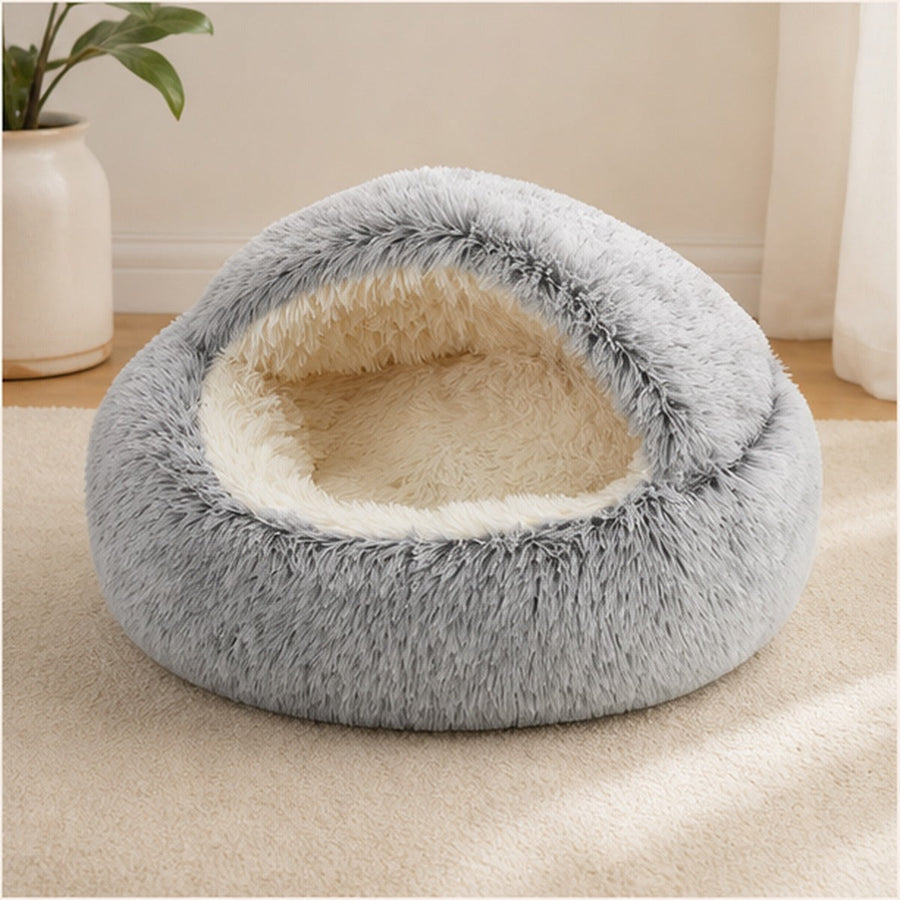HushHood gray plush hooded cat bed