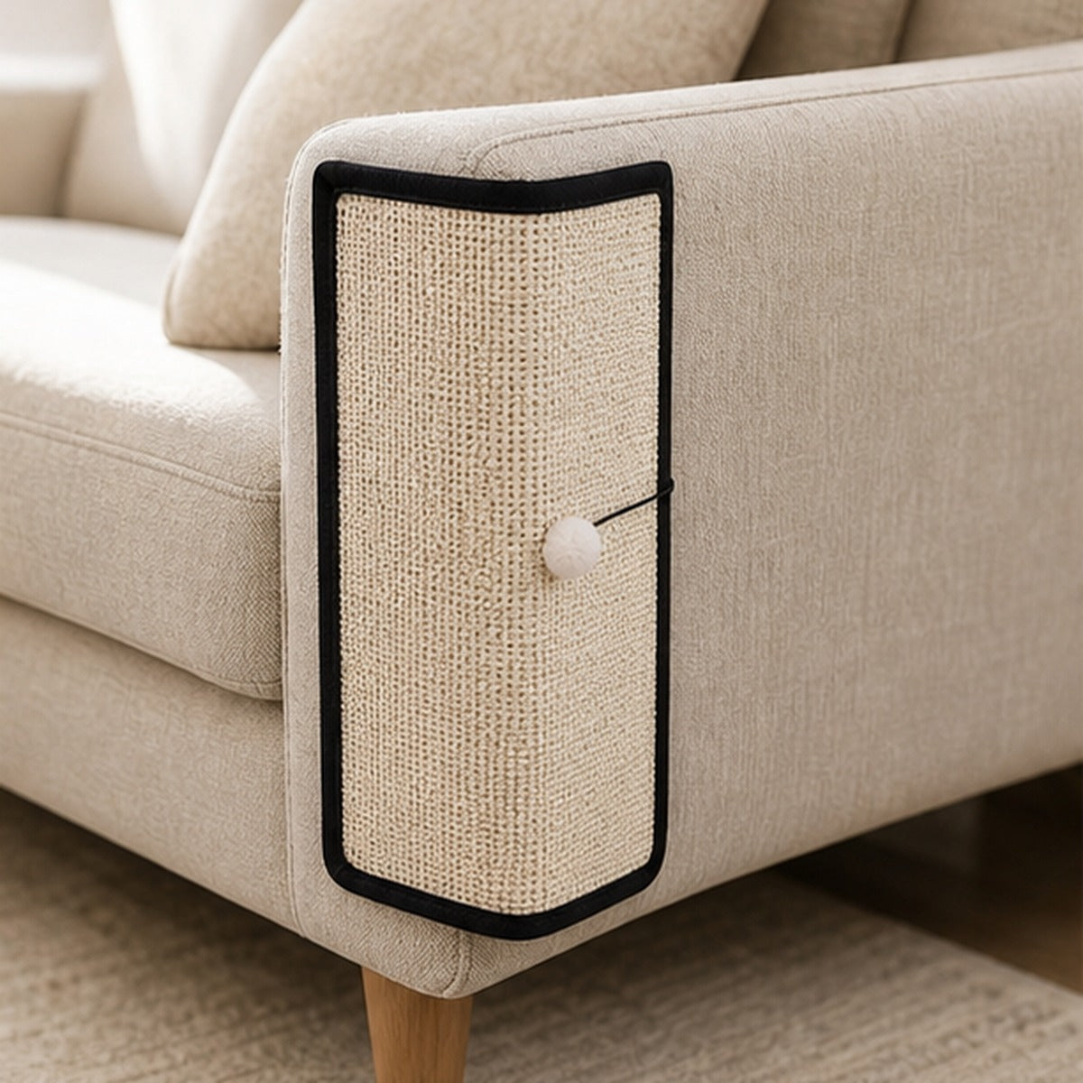 CornerClaw natural sisal scratch pad installed on a cream sofa arm