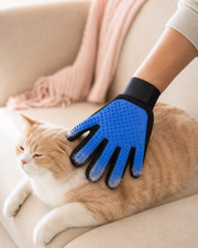 SoftSweep grooming glove brushing a relaxed cat