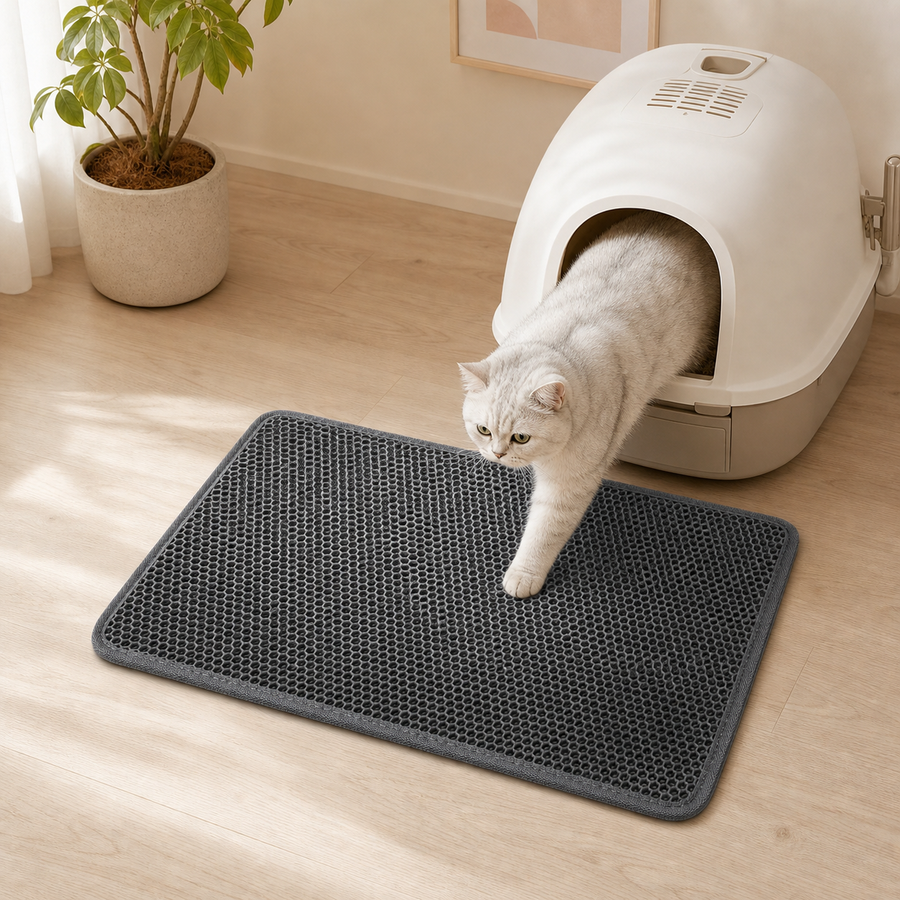 Gray LitterLock honeycomb litter mat in a warm modern cat home