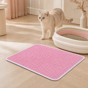 Pink LitterLock honeycomb litter mat beside a modern litter box