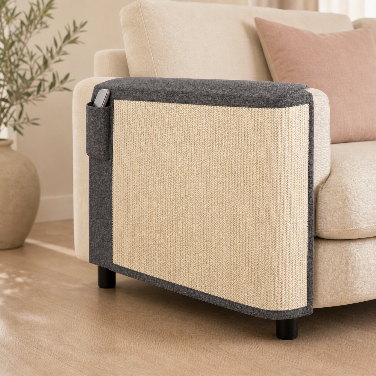 SofaShield sisal scratch guard installed on a cream sofa arm
