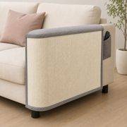 Right-side SofaShield scratch guard fitted around a sofa arm