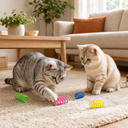 Two cats playing with colorful Spring Fling toys